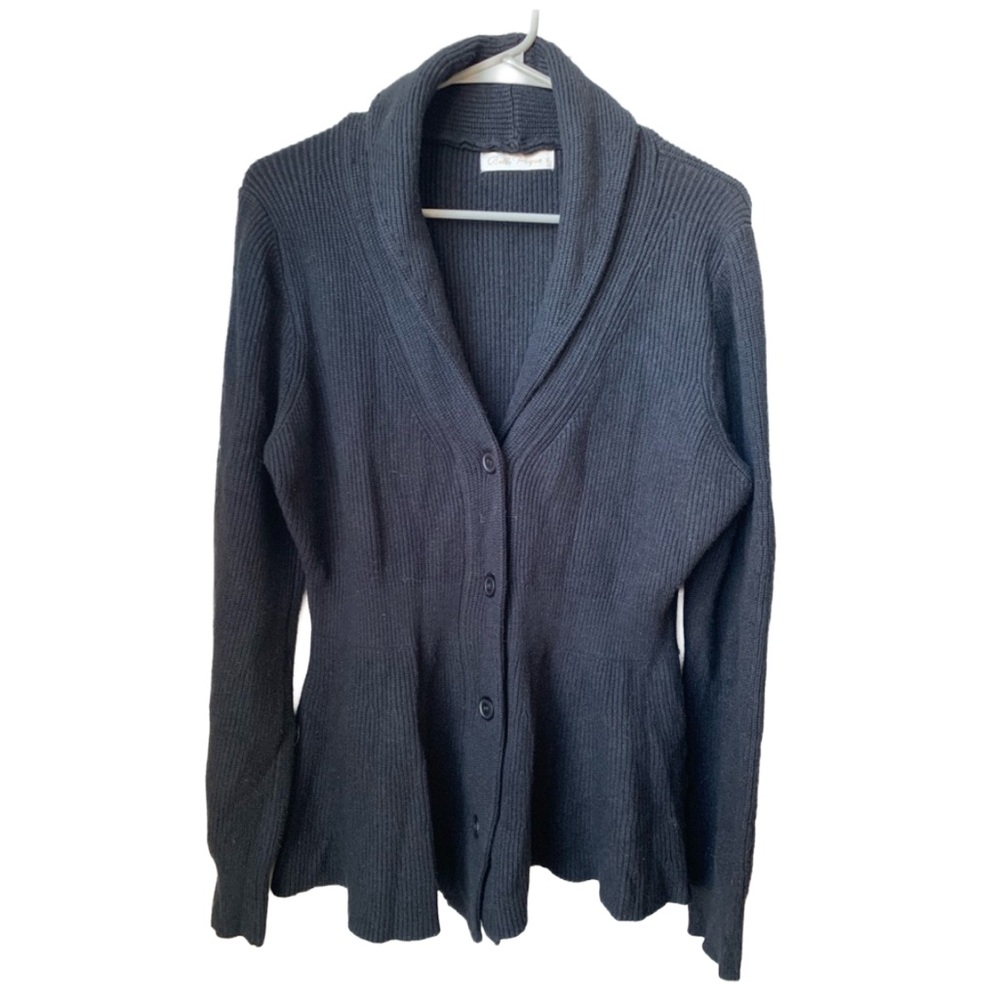 BELLE POGUE Women’s Black Ribbed Long Sleeve Button Front Fitted Cardigan